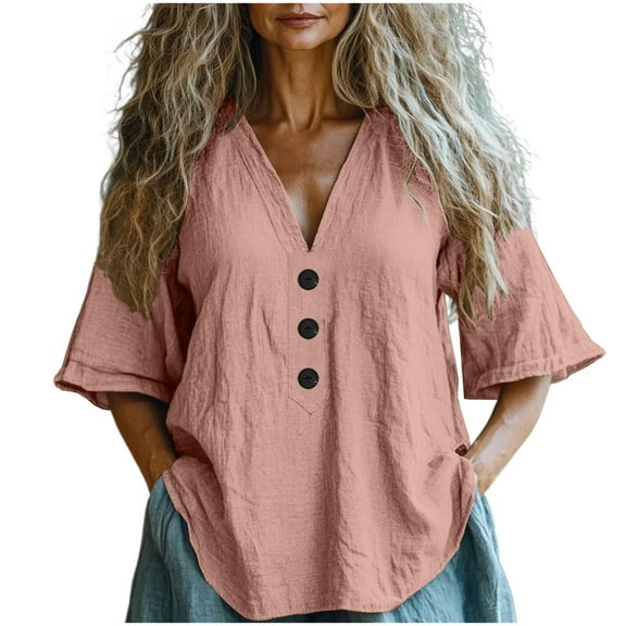 jtjvou V Neck Cotton Linen Tops for Women 2025 Summer Minimalist Button Down Shirts Loose Short Sleeve Casual Blouse Pink S
