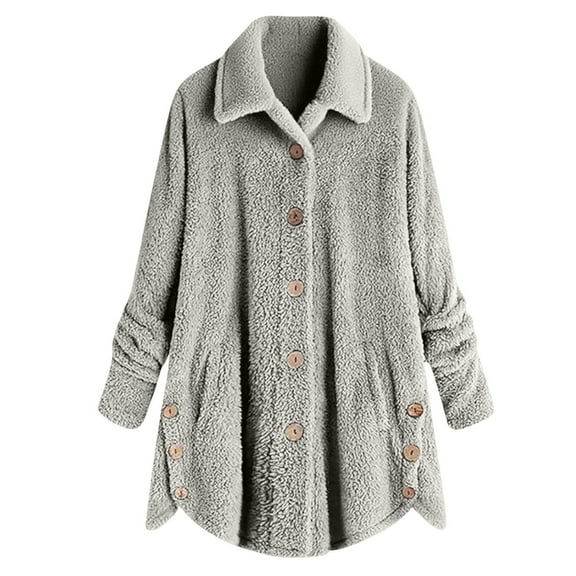 jtjvou Versatile Button Down Fuzzy Fleece Jackets for Women 2025 Winter Warm Long Sleeve Casual Lapel Outerwear Coats Gray L