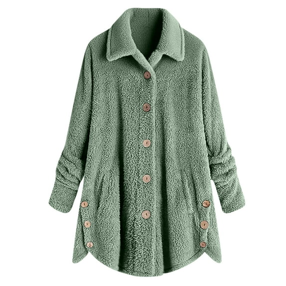 jtjvou Versatile Button Down Fuzzy Fleece Jackets for Women 2025 Winter Warm Long Sleeve Casual Lapel Outerwear Coats Green L