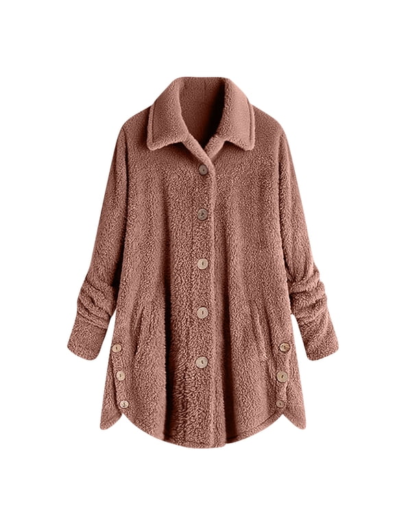 Versatile Button Down Fuzzy Fleece Jackets for Women 2025 Winter Warm Long Sleeve Casual Lapel Outerwear Coats Pink XL