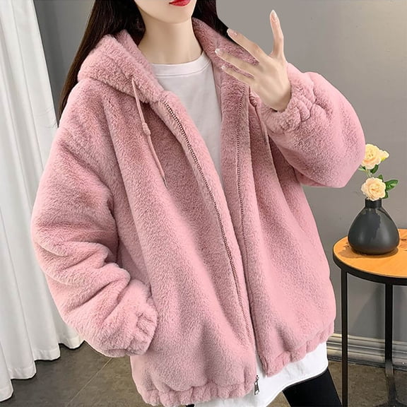 jtjvou Warm Thick Hooded Zipper Coat Casual Fleece Long-sleeved Winter Jacket Comfortable Loose Fit Stylish Outdoor Coat for Women Perfect for Spring and Fall Pink S