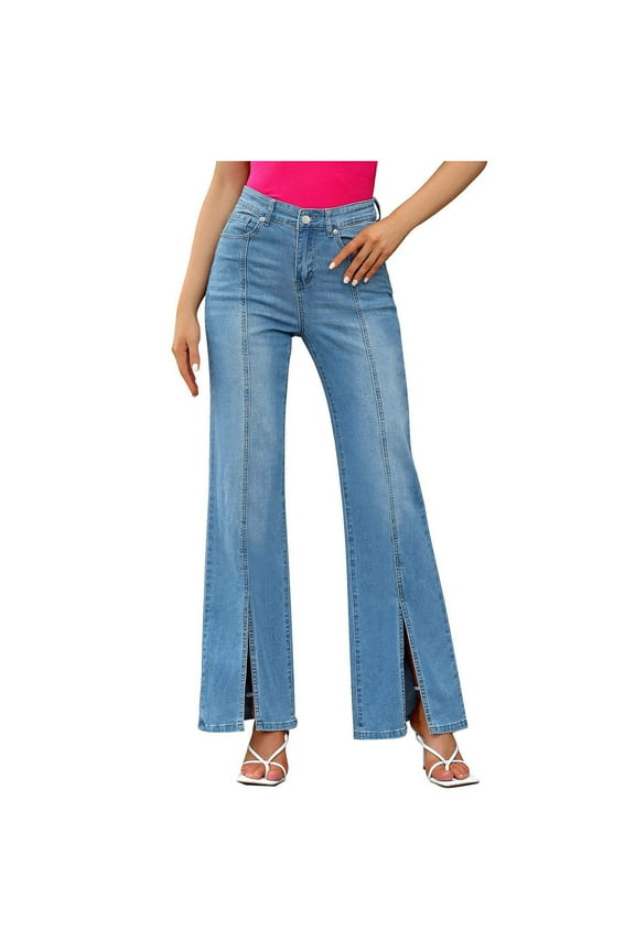 Wide Leg Jeans for Women Trendy High Waisted Stretch Front Split Hem Loose Fit Patchwork Flared Denim Pants Blue L