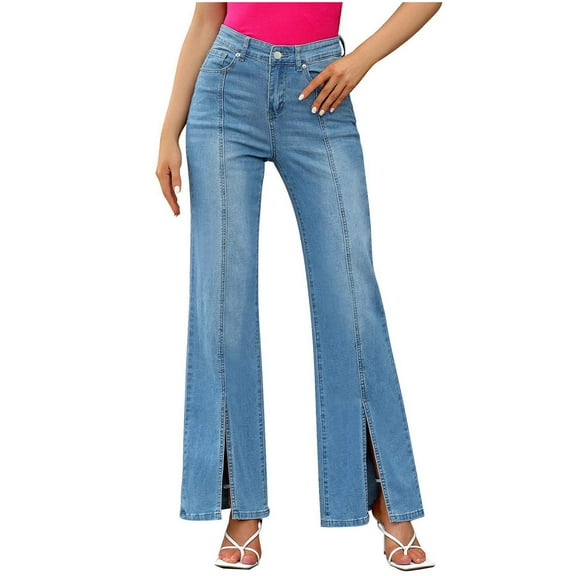 jtjvou Wide Leg Jeans for Women Trendy High Waisted Stretch Front Split Hem Loose Fit Patchwork Flared Denim Pants Blue M