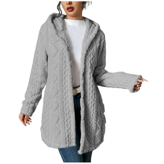 jtjvou Winter Cardigan for Women Fleece Fuzzy Button Down Hooded Coat Casual Warm Thermal Trendy Comfort Outfits Outerwear Gray XXL