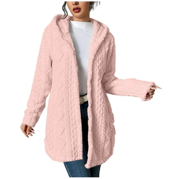 jtjvou Winter Cardigan for Women Fleece Fuzzy Button Down Hooded Coat Casual Warm Thermal Trendy Comfort Outfits Outerwear Pink M