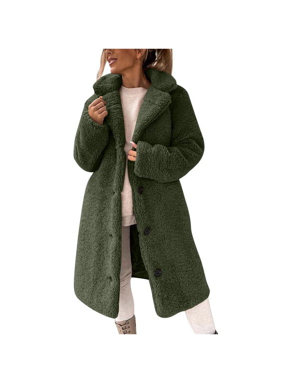 Winter Coat for Women Fuzzy Fleece Jacket Jackets Pea Coats Warm Trench Coat Lapel Button Down Casual Outerwear Green M