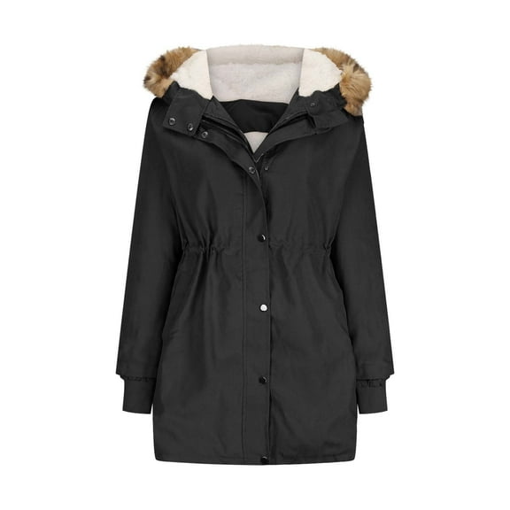 jtjvou Winter Coats Womens Warm Sherpa Jackets Plus Size Thicken Quilted Parka Anorak Faux-Fur Trim Hood Outwear Pockets Black M