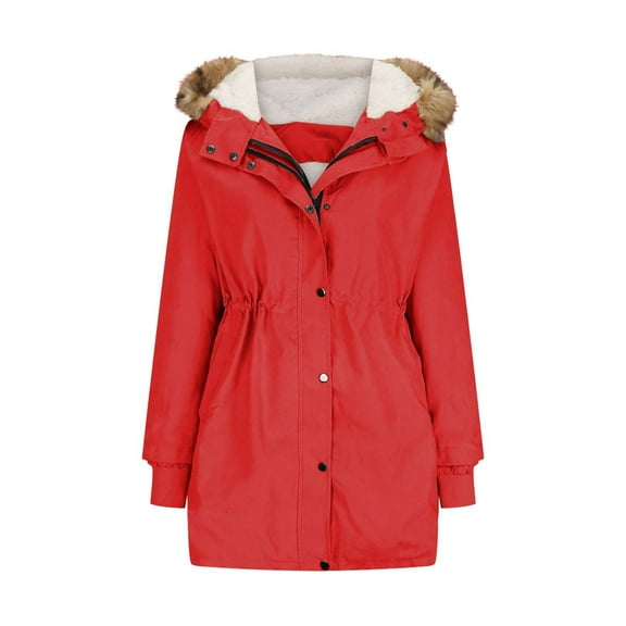 jtjvou Winter Coats Womens Warm Sherpa Jackets Plus Size Thicken Quilted Parka Anorak Faux-Fur Trim Hood Outwear Pockets Red XXL