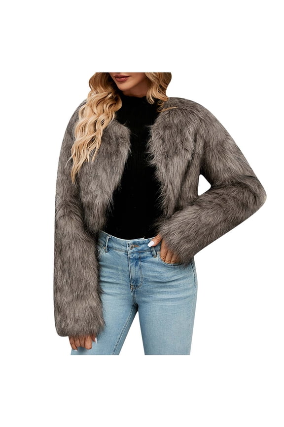 Winter Coats for Women 2025 Trendy Faux Fur Shaggy Jacket Cropped Long Sleeve Tops Open Front Coat Cardigan Outerwear Brown M