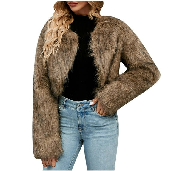 jtjvou Winter Coats for Women 2025 Trendy Faux Fur Shaggy Jacket Cropped Long Sleeve Tops Open Front Coat Cardigan Outerwear Brown XXXL