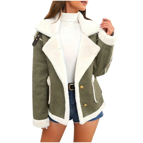 jtjvou Winter Coats for Women Fleece Lined Jacket Notch Collar Cardigan Thick Warm Coats Button Down JacketsGreen S