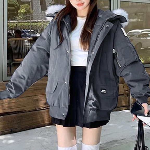 jtjvou Winter Coats for Women Thicken Warm Puffer Jackets Trendy Full Zip Down Coat Outerwear with Fur Hood 2025 Fashion Gray XL