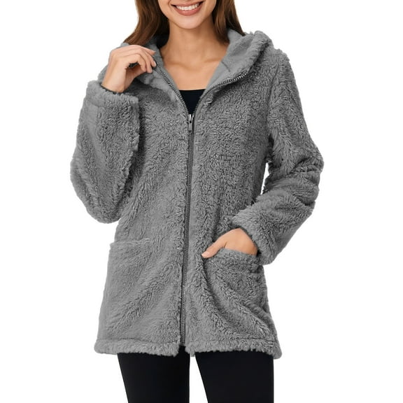 jtjvou Winter Fleece Jacket Women Long Sleeve Zip Up Coats 2025 Fall Warm Fuzzy Hooded Jackets with Pockets Gray L