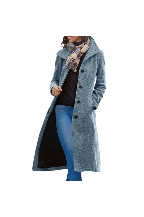 Winter Long Pea Coats for Women Wool Blend Stand Collar Single Breasted Jackets 2024 Casual Peacoat Overcoats Blue XXL