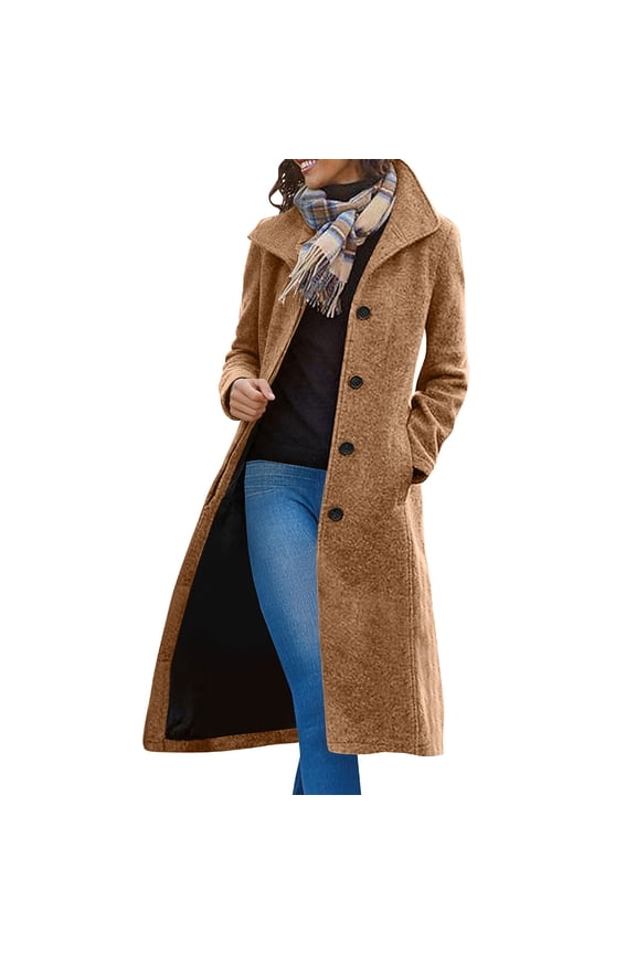 Winter Long Pea Coats for Women Wool Blend Stand Collar Single Breasted Jackets 2024 Casual Peacoat Overcoats Brown L