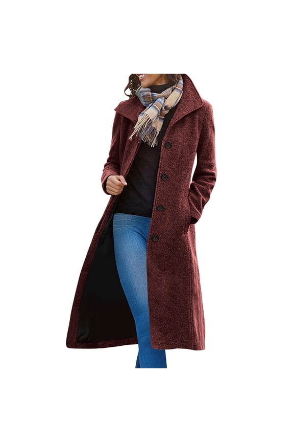 Winter Long Pea Coats for Women Wool Blend Stand Collar Single Breasted Jackets 2024 Casual Peacoat Overcoats Red M
