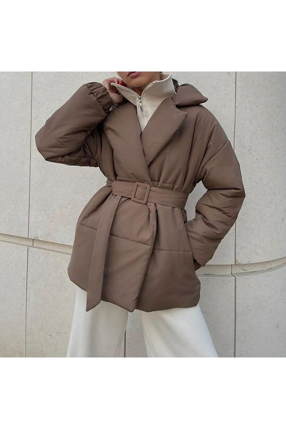 Winter Plus Size Slim Fit Waist Cinching Solid Color Coat with Belt for Women Brown S