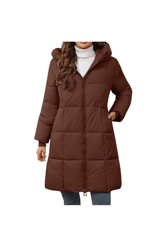 Winter Puffer Jacket for Women Knee Length Hooded Puffer Coat Zip Up Loose Warm Outerwear with Pocket Brown XXL