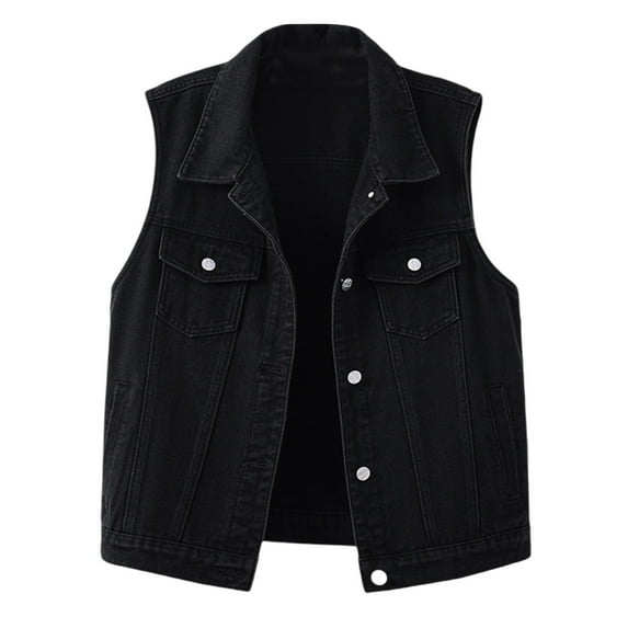 jtjvou Woman Denim Vest Jackets For Women Lapel Sleeveless Jacket Cardigan Outerwear Denim Jeans Waistcoat Black XL