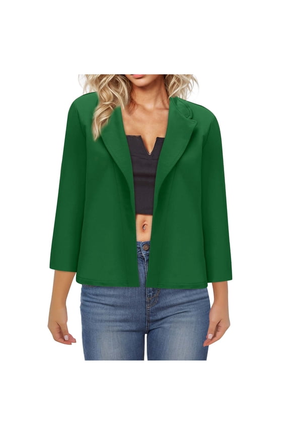 Women 3/4 Sleeve Blazer Open Front Cropped Blazer Jacket Business Casual Lightweight Suit Womens Fall Clothes Green S