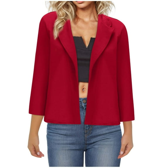 jtjvou Women 3/4 Sleeve Blazer Open Front Cropped Blazer Jacket Business Casual Lightweight Suit Womens Fall Clothes Red M