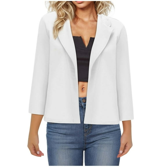 jtjvou Women 3/4 Sleeve Blazer Open Front Cropped Blazer Jacket Business Casual Lightweight Suit Womens Fall Clothes White L