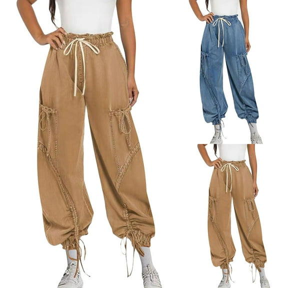 jtjvou Women Baggy Barrel Jeans High Waisted Drawstring Bow Tie Cargo Jean Wide Leg Ankle Denim Joggers Blue L