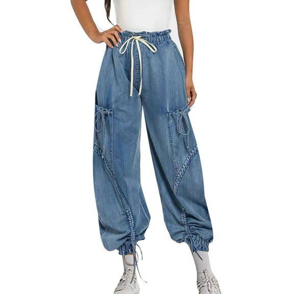 jtjvou Women Baggy Barrel Jeans High Waisted Drawstring Bow Tie Cargo Jean Wide Leg Ankle Denim Joggers Blue XL