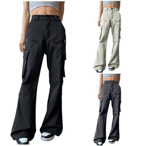 jtjvou Women Baggy Lightweight Cargo Pants Pleated Solid Color Y2K Flare Trousers with Pockets Streetwear for Travel Hiking Beige L