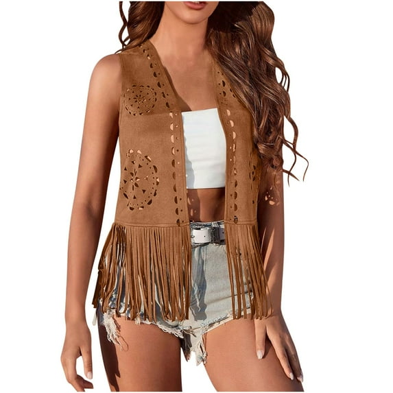jtjvou Women Boho Western Tassel Vest Open Front Faux Suede Fringe Cardigan Sleeveless Jacket Vintage Hippie Outwear Brown XL