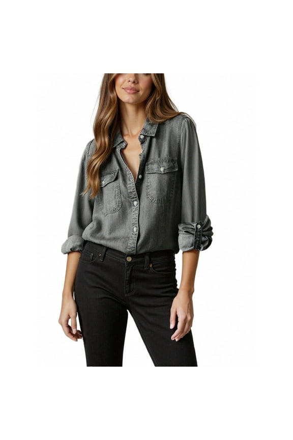 Women Button Down Denim Shirts Casual Long Sleeve V Neck Chambray Blouse Top Gray L