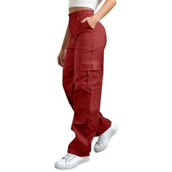 jtjvou Women Casual Pants Elastic Waist With Pockets High Waist Solid Color Comfortable Fabric Full Length Regular Fit Outdoor Travel Wear Red M