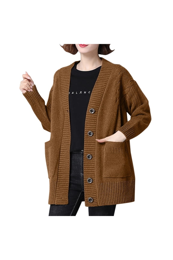 Women Chunky Knit Cardigan Sweater Long Sleeve V Neck Button up Cardigan with Pocket Sweaters Coat for Fall Winter Brown Free Size