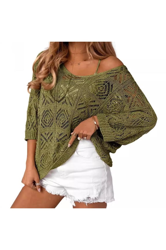 Women Crochet Hollowed Out Pullover Sweater Off Shoulder Quarter Sleeves Batwing Sleeves Lightweight Knit Casual Blouse for Daily Wear Elegant Fashion Top Green L