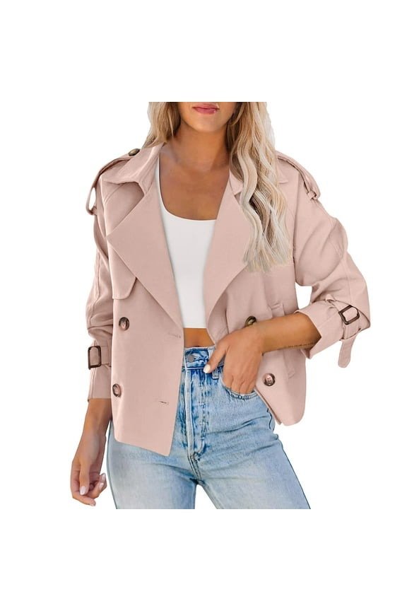 Women Crop Double Breasted Trench Coat Raglan Sleeve Work Office Cropped Jacket With Pockets Pink S