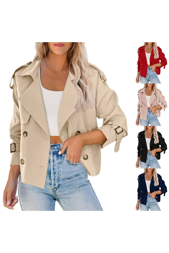 Women Crop Double Breasted Trench Coat Raglan Sleeve Work Office Cropped Jacket With Pockets Pink XL