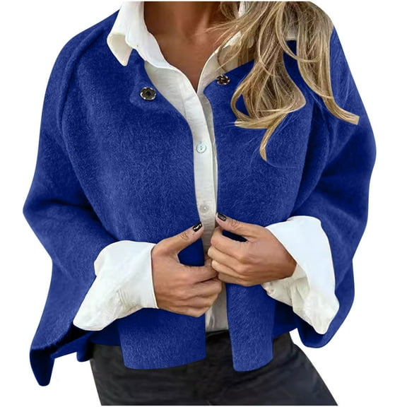 jtjvou Women Cropped Jacket Wool Blend Pea Coat Casual Crewneck Long Sleeve Open Front Cardigan Jacket Outwear Blue L