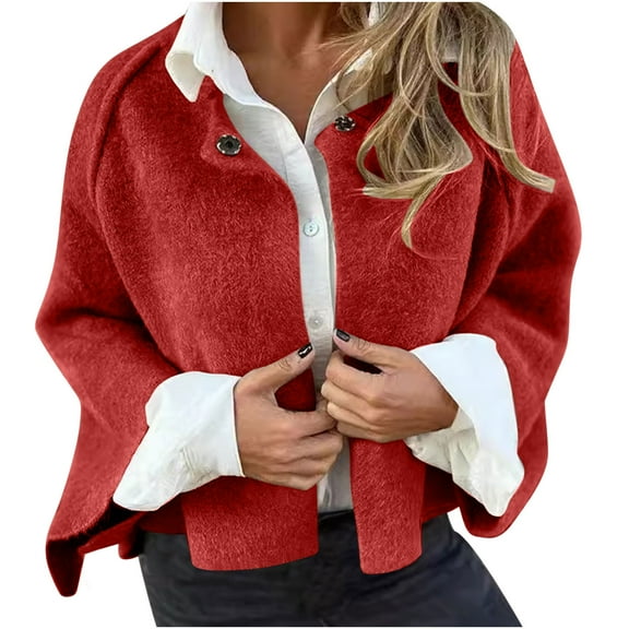 jtjvou Women Cropped Jacket Wool Blend Pea Coat Casual Crewneck Long Sleeve Open Front Cardigan Jacket Outwear Red L