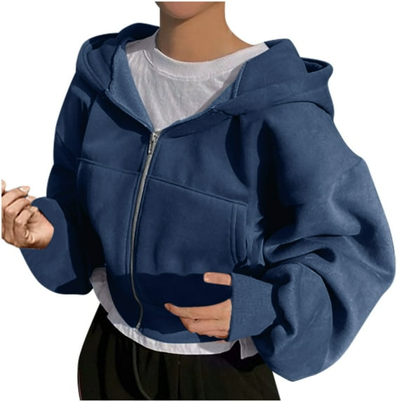 jtjvou Women Cropped Zip Up Hoodie Oversized Sweatshirt Long Sleeve Trendy Teen Girls Y2K Clothes Loose Athletic Workout Top Blue XL