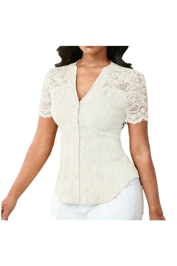 Women Dressy Casual Tops Short Sleeve Lace Patchwork Button Down Shirt V Neck Trendy Tunic Blouses Summer Work Top Beige XXL
