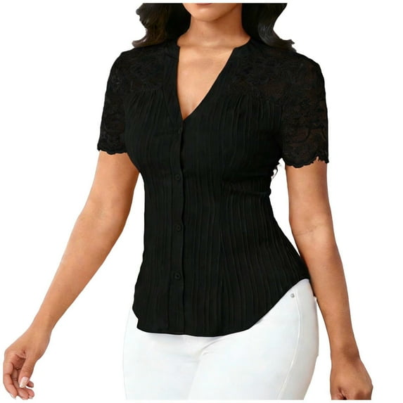 jtjvou Women Dressy Casual Tops Short Sleeve Lace Patchwork Button Down Shirt V Neck Trendy Tunic Blouses Summer Work Top Black S