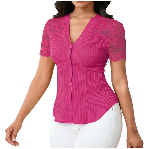 jtjvou Women Dressy Casual Tops Short Sleeve Lace Patchwork Button Down Shirt V Neck Trendy Tunic Blouses Summer Work Top Pink XL