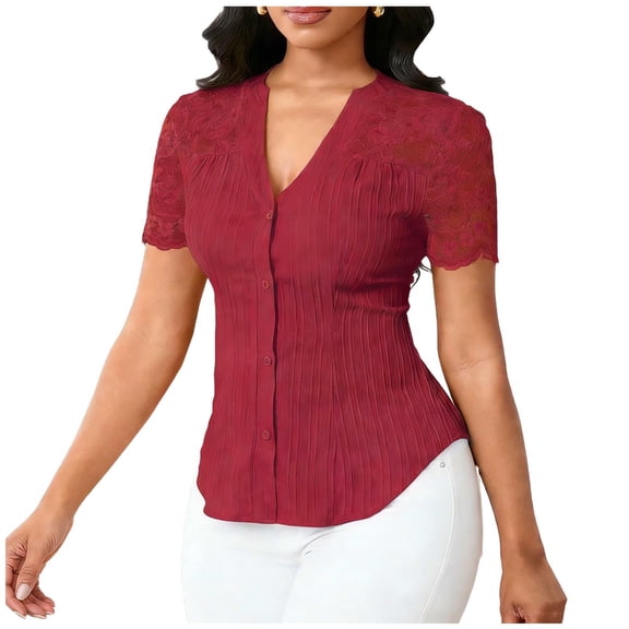 jtjvou Women Dressy Casual Tops Short Sleeve Lace Patchwork Button Down Shirt V Neck Trendy Tunic Blouses Summer Work Top Red L