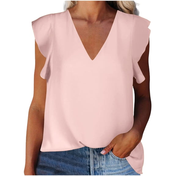 jtjvou Women Elegant Shirts Chiffon Dressy Blouses V Neck Cap Sleeve Tops Summer Casual Flowy Tees Work Tunic T Shirts Pink XXL