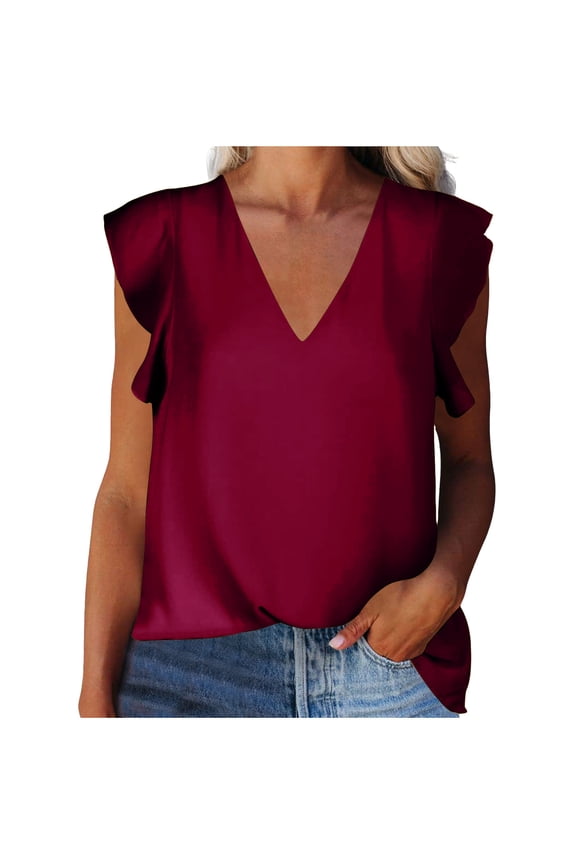 Women Elegant Shirts Chiffon Dressy Blouses V Neck Cap Sleeve Tops Summer Casual Flowy Tees Work Tunic T Shirts Red M