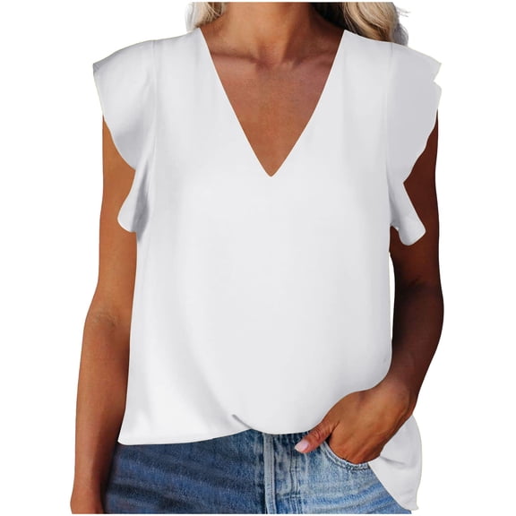 jtjvou Women Elegant Shirts Chiffon Dressy Blouses V Neck Cap Sleeve Tops Summer Casual Flowy Tees Work Tunic T Shirts White L