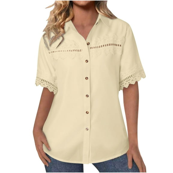 jtjvou Women Eyelet V Neck Blouse Summer Hollow Out Tee Short Sleeve Dressy Casual Embroidered Button Down Shirt Top 2026 Yellow S