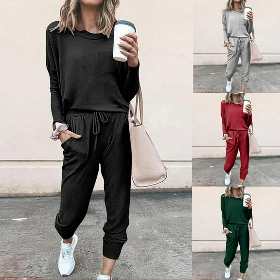 jtjvou Women Fall 2 Piece Lounge Outfit Long Sleeve Tops High Waisted Jogger Pants Set Spring Travel Clothes Tracksuit Green L