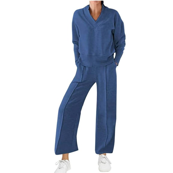 jtjvou Women Fall 2 Piece Outfits Sweatsuits Quarter Button Long Sleeve Sweatshirt Wide Leg Pants Tracksuit Lounge Sets Blue L