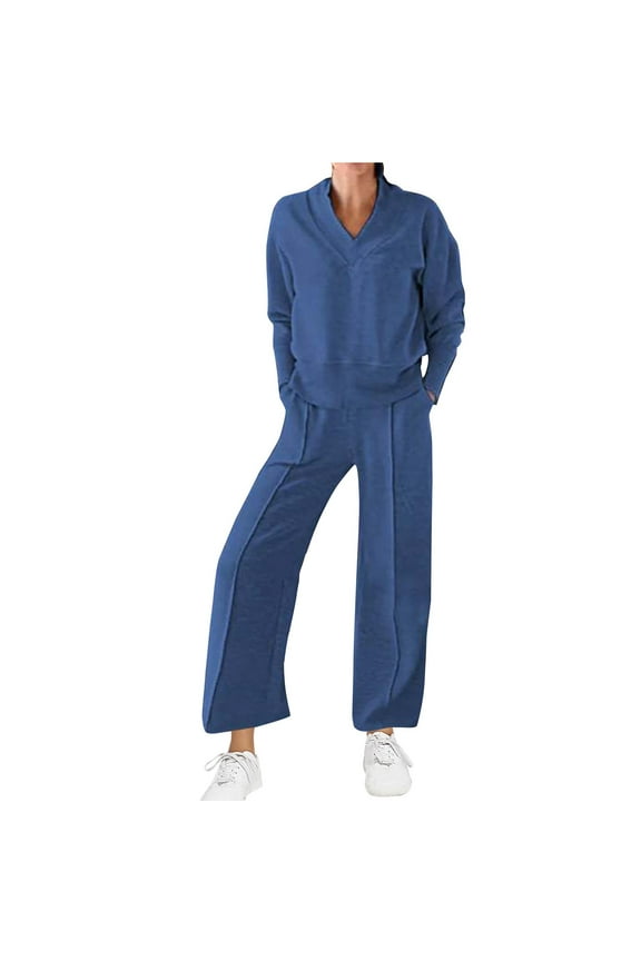 Women Fall 2 Piece Outfits Sweatsuits Quarter Button Long Sleeve Sweatshirt Wide Leg Pants Tracksuit Lounge Sets Blue L